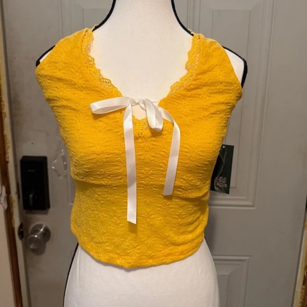 Yellow Lace Tie-Front Camisole with Ribbon Detail
